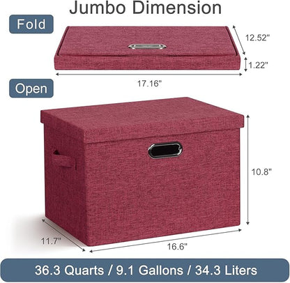 Large 17" 36 Quart Collapsible Stackable Storage Bins with Lids, 3 Packs Bright Red Linen Fabric Closet Boxes with Lids, Storage Cube Baskets Container Organizers for Office (17x12x11)