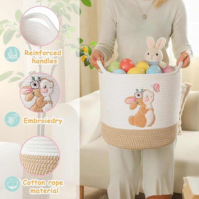 Easter Basket for Kids, Large Easter Egg Baskets Spring Gift Basket for Girls Toddlers, Toy Storage Baskets Woven Cotton Rope Storage Bins Toys Organizer Clothes Hamper for Nursery (Large, Bunny)