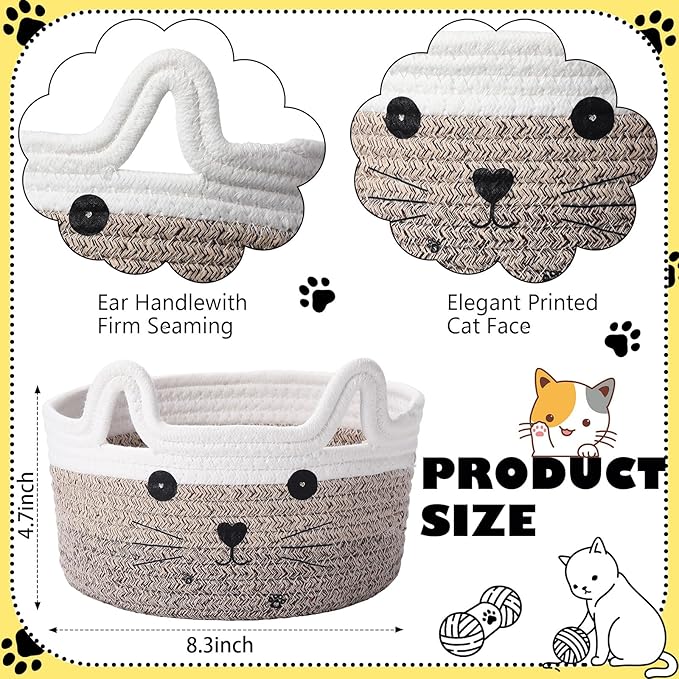 Zopeal Cat Basket Storage Woven Organizer with Ears Easter Decorative Gift Pet Toy Cute Cotton Rope Basket for Gift Cat Dog Toy Bin Nursery Room(8.3 x 4.7 Inch,Gradient Khaki)