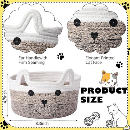 Zopeal Cat Basket Storage Woven Organizer with Ears Easter Decorative Gift Pet Toy Cute Cotton Rope Basket for Gift Cat Dog Toy Bin Nursery Room(8.3 x 4.7 Inch,Gradient Khaki)
