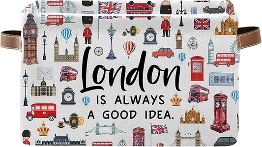London Themed Storage Basket, Collapsible Souvenir Bin with Handles for London Lovers -Red Bus & Big Ben Print Organizer for Travel Keepsakes, Kids Room, London Travel Gifts