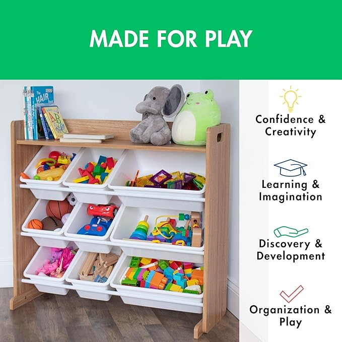 Humble Crew Toy Storage Organizer with Top Shelf and 9 Removable Bins, Natural/White – Toddler Bookshelf with Toy Organizer - Modern Toy Rack Ideal for Kids' Rooms, Playrooms, and Nurseries