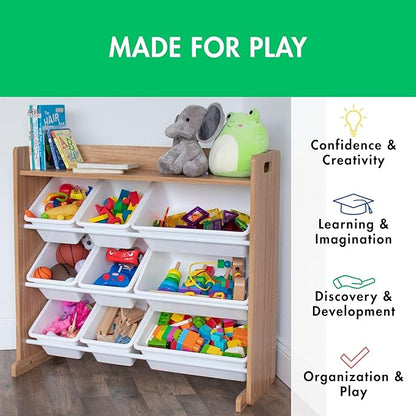 Humble Crew Toy Storage Organizer with Top Shelf and 9 Removable Bins, Natural/White – Toddler Bookshelf with Toy Organizer - Modern Toy Rack Ideal for Kids' Rooms, Playrooms, and Nurseries