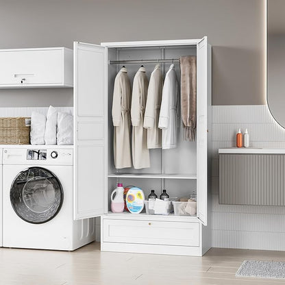 MIIIKO Wardrobe Closet with Drawer, 2 Doors Clothes Cabinet, 72" Metal Storage Cabinets with Hanging Rod, Bedroom Armoires Laundry Room and Office Clothes Storage Organizer Cabinets