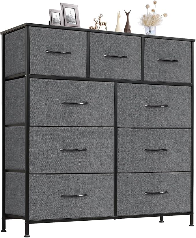 Sweetcrispy 9 Drawer Fabric Dresser Tall Chest Storage Organizer Tower with Cabinet Metal Frame and Wood Top Lightweight Closet Furniture for Bedroom,Charcoal Grey