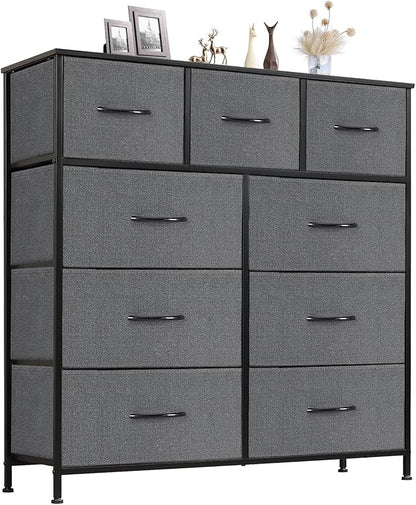 Sweetcrispy 9 Drawer Fabric Dresser Tall Chest Storage Organizer Tower with Cabinet Metal Frame and Wood Top Lightweight Closet Furniture for Bedroom,Charcoal Grey