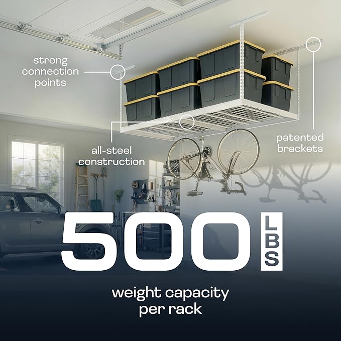 MonsterRax Overhead Garage Storage Rack - 4 x 8 Ceiling Rack for Garage Racks, Organization Shelving, Adjustable Hanging Shelf, White, 12"-21" Height Adjustment