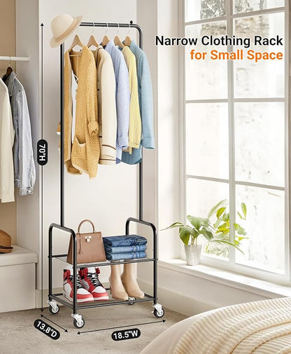 AOODA Small Clothes Rack with Shelves, Metal Sturdy Rolling Clothing Racks for Hanging Clothes, Portable Garment Rack with Wheels for Shirts, Coats, Shoes, Bags (Black)