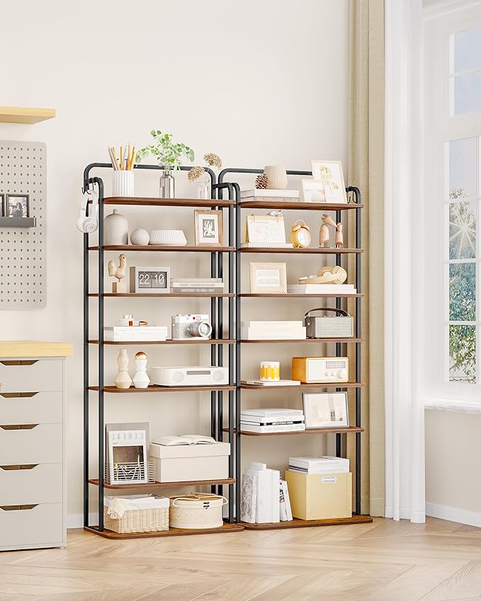 8 Tiers Widened Vertical Shoe Rack, Narrow Shoe Tower, Tall Shoes Shelf with 2 Hooks, Adjustable Shelves, Corner Shoes Shelves for Small Spaces, Entryway, Living Room, Rustic Brown SR12501B
