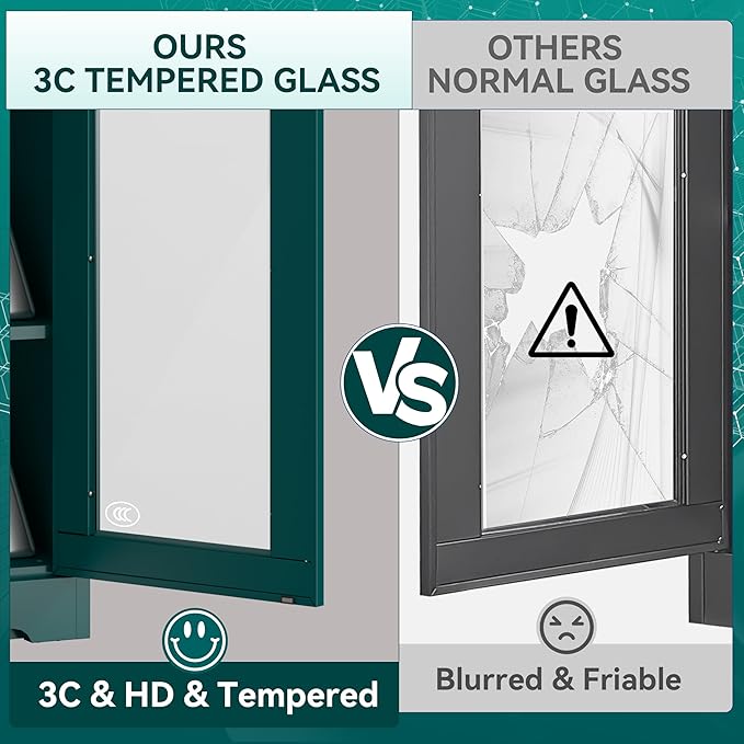 Curio Cabinets with Glass Doors, 71" Glass Display Cabinet with Lock, Tall Bookcase with Adjustable Shelves, Locking China Cabinet for Living Room, School, Commercial, Office, Plant, Green