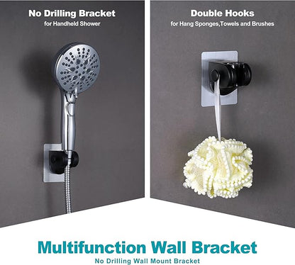 Handheld Shower Head Holder with 2 Hanger Hooks,Strong Adhesive&Waterproof No Drilling Wall Mount Shower Bracket for RV and Kids&Elders,Install Any Height&Fix Firmly,Black
