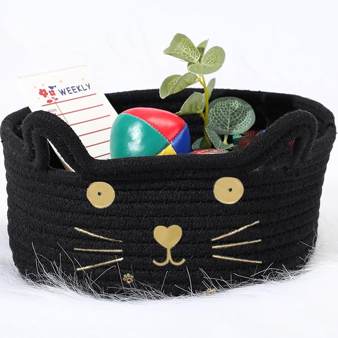 Zopeal Cat Basket Storage Woven Organizer with Ears Easter Decorative Gift Pet Toy Cute Cotton Rope Basket for Gift Cat Dog Toy Bin Nursery Room(8.3 x 4.7 Inch,Black)