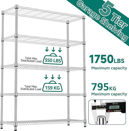 1750LBS 47.2" W 5 Tiers Shelf Steel Storage Shelves Metal Shelving Unit Steel Organizer Wire Rack for Home,Kitchen,Office,Garage Chrome 17.7" D x 47.2" W x 72.4" H