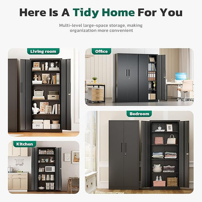 Greenvelly Metal Storage Cabinet, 63" H Locking Metal Storage Cabinet with Doors and 4 Shelves, Lockable Steel Cabinets for Kitchen, Bedroom, Living Room, Office (Black)