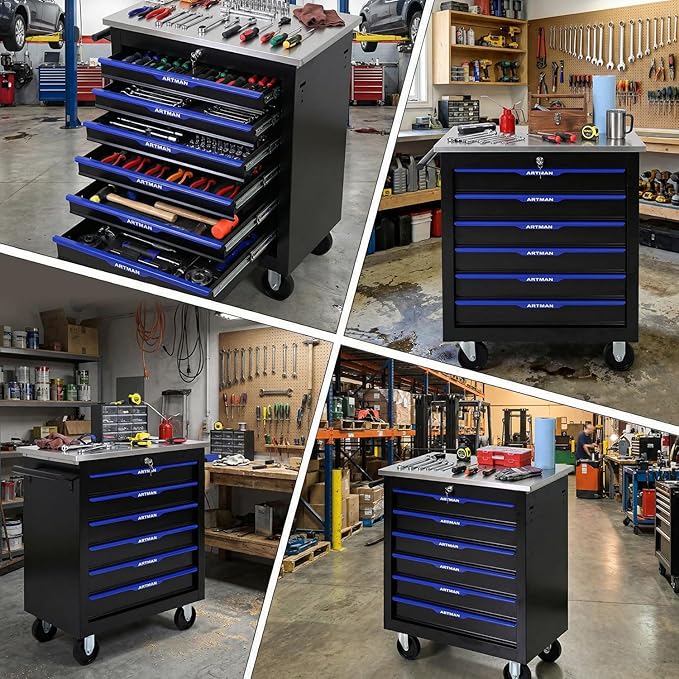 6-Drawer Rolling Tool Chest with Stainless Steel Countertop,Tool Chest with Secure Locking System,Mobile Storage Tool Cabinet with 360°Wheels and Padded Feet,for Home,Garage (Black+Blue)