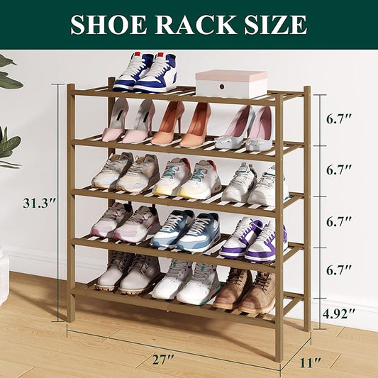 Smiry Bamboo Shoe Rack for Closet, 5 Tier Wooden Stackable Shoe Organizer, Free Standing Shoes Storage Shelf for Entryway, Front Door Entrance, Walnut