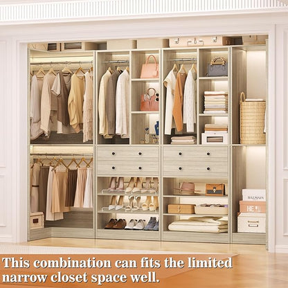 Closet System with 2 Drawers, 3 Hanging Rods, 59.5" * 31.5" Closet Organizer System with Corner Tower, Reversible L Shaped Walk-in Closet System, Corner Closet System Set of 2, Greige Oak