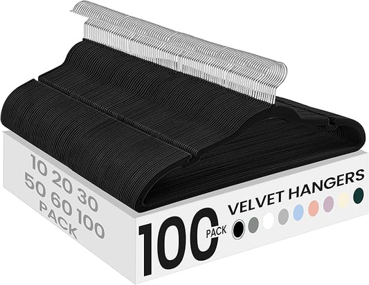SONGMICS Velvet Hangers 100 Pack, Non-Slip Clothes Hangers with Shoulder Notches, Pants Bar, 360° Swivel Hook, Space-Saving, for Closet, Ink Black UCRF029B010