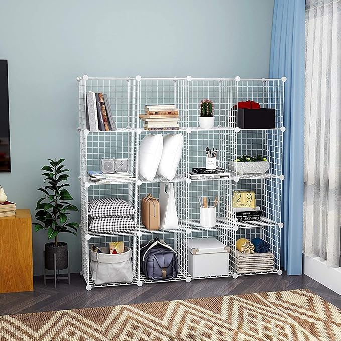C&AHOME Wire Cube Storage, 16-Cube Organizer Metal Grids Storage, Storage Bins Shelving, Modular Bookshelf Shelves, DIY Closet Cabinet Ideal for Bedroom, Office 48.4”L x 12.4”W x 48.4”H White