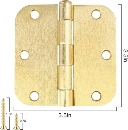 Door Hinges Satin Brass 3.5 Inch x 3.5" Interior Gold Door Hinges for Doors 12 Pack Brushed Brass Door Hinges 3-1/2" Rounded 5/8"Radius Corners Bedroom Residential Standard Indoor Door Hardware Hinge