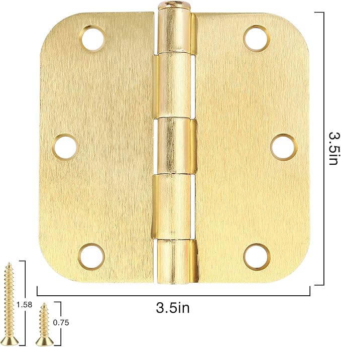 Door Hinges Satin Brass 3.5 Inch x 3.5" Interior Gold Door Hinges for Doors 3 Pack Brushed Brass Door Hinges 3-1/2" Rounded 5/8"Radius Corners Bedroom Residential Standard Indoor Door Hardware Hinge