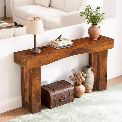 63 Inch Long Entryway Table Hollow, Wooden Console Table with Socket Farmhouse Sofa Table for Entrance, Hallway, Living Room,Behind Couch(Rustic Brown)