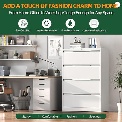 Lateral File Cabinet with Lock, 4 Drawer Lateral File Cabinets, Metal Filing Cabinets for Home Office, White Deep Drawer for Hanging Files Letter/Legal/A4/F4 Size, Printer Stand, Assembly Required