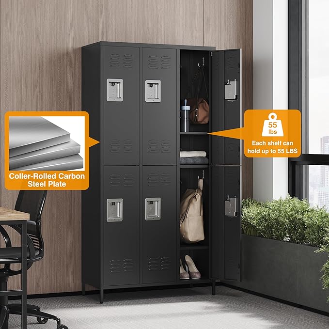 Letaya Metal Lockers for Employees-6 Door Storage Locker with Shelves and Lockable Steel Cabinet for School,Gym,Office,Staff(Black, 6 Door)