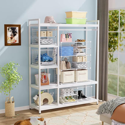 C&AHOME Wire Cube Storage Unit, Interlocking Metal Wire Organizer with Divider Design, Modular Cabinet with Plastic Panels, Bookshelf Stackable Closet Organizer with Small Hooks, White UWCSIM08W