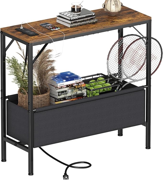31.5" Console Table, 9.5" D Entryway Table with Power Outlets & USB Ports & Fabric Basket, Narrow Sofa Table for Hallway, Foyer, Living Room, Rustic Brown