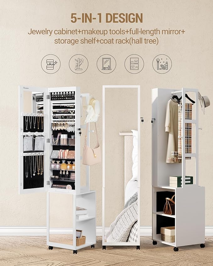 8 LEDs Jewelry Cabinet Armoire, 66.9-inch Jewelry Organizer with Garment Rack, Lockable Full-length Mirror with 4 Wheels, Storage Shelves with Hooks, 5-in-1, White and Beige JC17003B