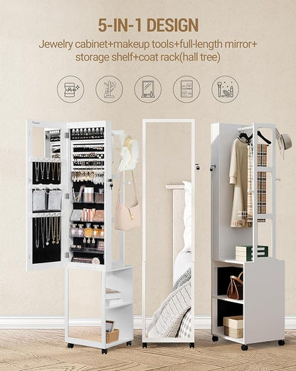 8 LEDs Jewelry Cabinet Armoire, 66.9-inch Jewelry Organizer with Garment Rack, Lockable Full-length Mirror with 4 Wheels, Storage Shelves with Hooks, 5-in-1, White and Beige JC17003B
