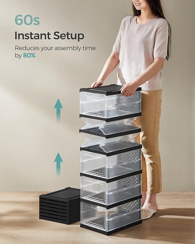 SONGMICS Foldable Shoe Boxes, Pack of 18 Stackable Shoe Storage Organizer, Set of 3 Integraed Shoe Cabinets, Portable, Fit up to US size 13, 60s Assembly, Transparent and Ink Black ULSP207B01