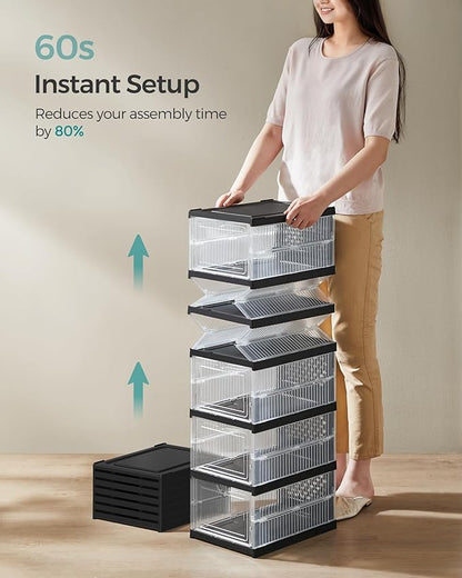 SONGMICS Foldable Shoe Boxes, Pack of 12 Stackable Shoe Storage Organizer, Set of 2 Integraed Shoe Cabinets, Portable, Fit up to US Size 13, 60s Assembly, Transparent and Ink Black ULSP206B01