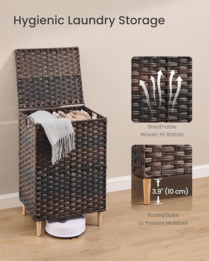 SONGMICS 2-Section Laundry Hamper with Lid, 29 Gal (110L) PE Rattan Laundry Basket with Removable Washable Liners, for Bedroom & Living Room, Chestnut Brown ULCB222ME01