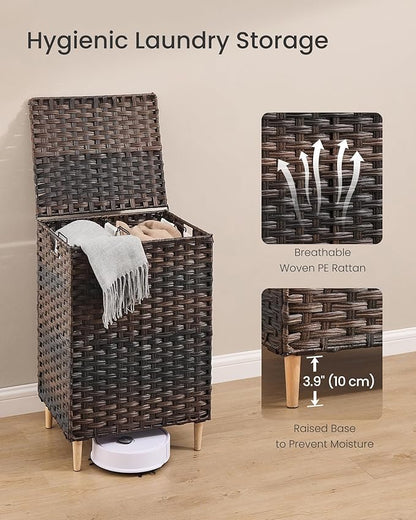 SONGMICS 2-Section Laundry Hamper with Lid, 29 Gal (110L) PE Rattan Laundry Basket with Removable Washable Liners, for Bedroom & Living Room, Chestnut Brown ULCB222ME01