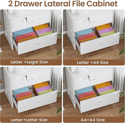 SEDETA 2 Drawer File Cabinet with Lock, Charging Station and Bookshelf, Filing Cabinet Fits Letter, Legal, A4 Size, Wood File Cabinets for Home Office, Printer Stand with Storage Shelf, White