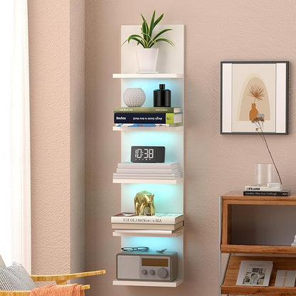 5-Tier Wall Shelf Unit with RGB Light, Floating Lack Shelf for Wall Storage, Wall Mounted Vertical Display Shelf for Bedroom Living Room Vanity, White