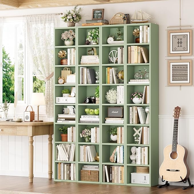 FOTOSOK 8-Tier Media Tower Rack, 11.6 X 9.3 X 70.9 Inches CD DVD Slim Storage Cabinet with Adjustable Shelves, Tall Narrow Bookcase Display Bookshelf for Home Office, Green