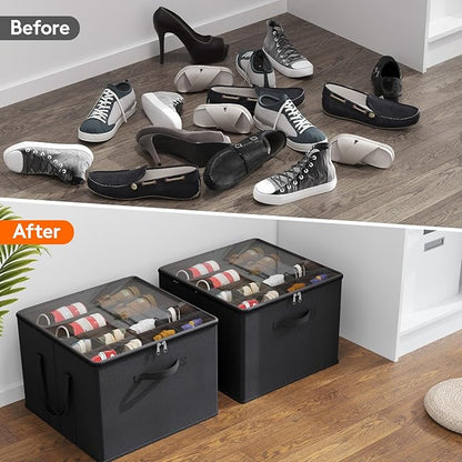 Lifewit Shoe Storage Organizer for Closet, Fabric Large Shoe Box Storage Containers with Clear Cover, Foldable Bins for Boots Heels Sneakers Fits 24-32 Pairs (Each 12-16 Pairs) 2 Pack Black