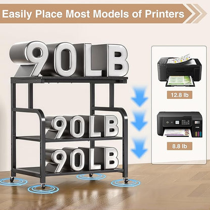 niffgaff Mobile Printer Stand with Large Desktop - 3 Tier Shelf, 24.4 Inch Height, Wooden Organizer for Home&Office, Black