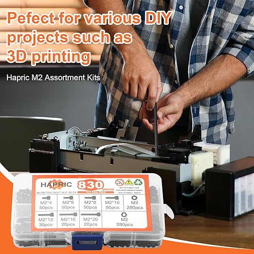 830 Pcs M2 Screws Kit Metric Bolts Kit M2*4mm/6mm/8mm/10mm/12mm/16mm/20mm Machine Screw Kit, 12.9 Alloy Steel Black Zinc Plated Hex Socket Head Screws Nuts Bolts and Washers Set