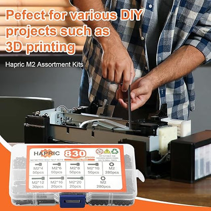 830 Pcs M2 Screws Kit Metric Bolts Kit M2*4mm/6mm/8mm/10mm/12mm/16mm/20mm Machine Screw Kit, 12.9 Alloy Steel Black Zinc Plated Hex Socket Head Screws Nuts Bolts and Washers Set