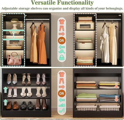 Closet System with 2 Drawers, 3 Hanging Rods, 59.5" * 31.5" Closet Organizer System with Corner Tower, Reversible L Shaped Walk-in Closet System, Corner Closet System Set of 2, Black