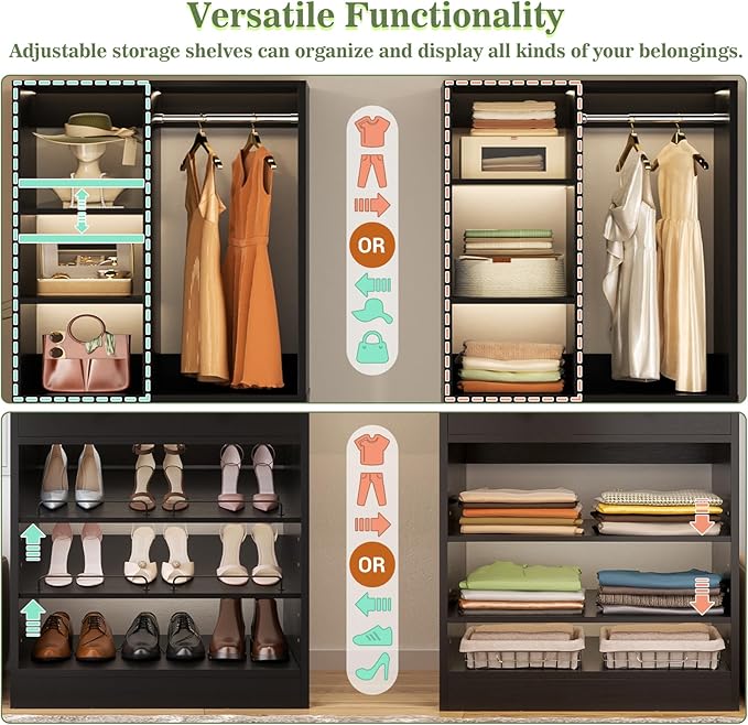 Closet System with 4 Drawers and Hanging Rods, 59.5"L / 87"L Closet Organizer System with Corner Tower, L Shaped Walk-in Closet System, Corner Closet System with Shelves, Set of 3, Black