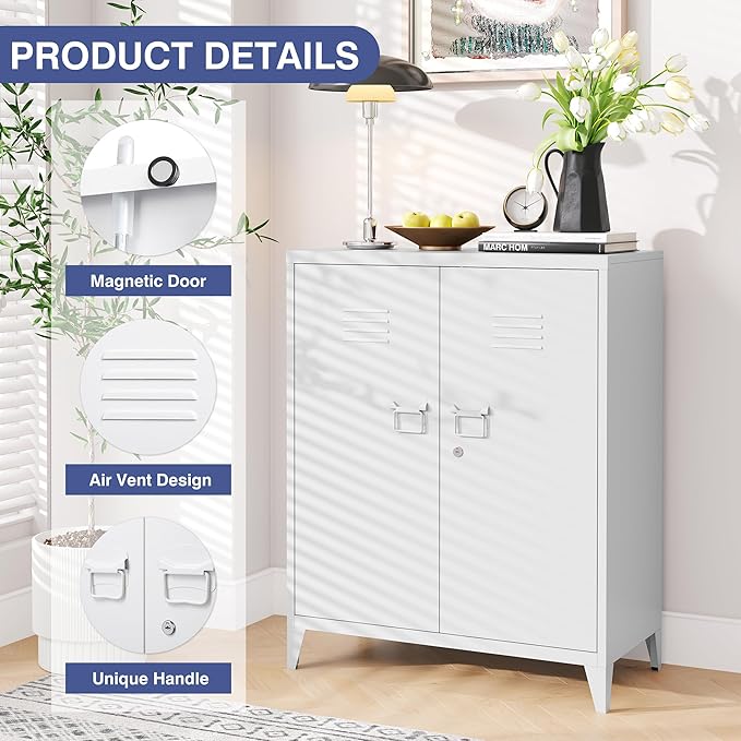 Metal Storage Cabinet,Home Office Cabinet with Doors and Adjustable Shelves,Locking Cabinet with Adjustable Leg Levelers Assembly Required(White)
