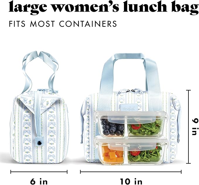 Fit & Fresh Neoprene Lunch Bag For Women, Insulated Womens Lunch Bag For Work, Tear & Stain Resistant Large Lunch Box For Women With Containers and Ice, Machine Washable Remi Bag, Blue Wallpaper Bows