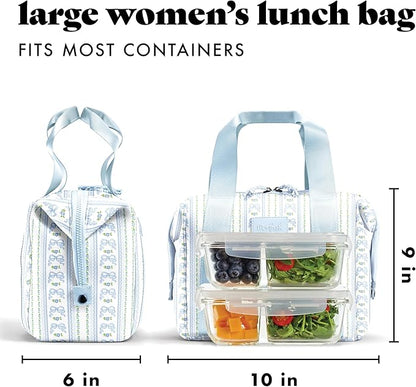 Fit & Fresh Neoprene Lunch Bag For Women, Insulated Womens Lunch Bag For Work, Tear & Stain Resistant Large Lunch Box For Women With Containers and Ice, Machine Washable Remi Bag, Blue Wallpaper Bows