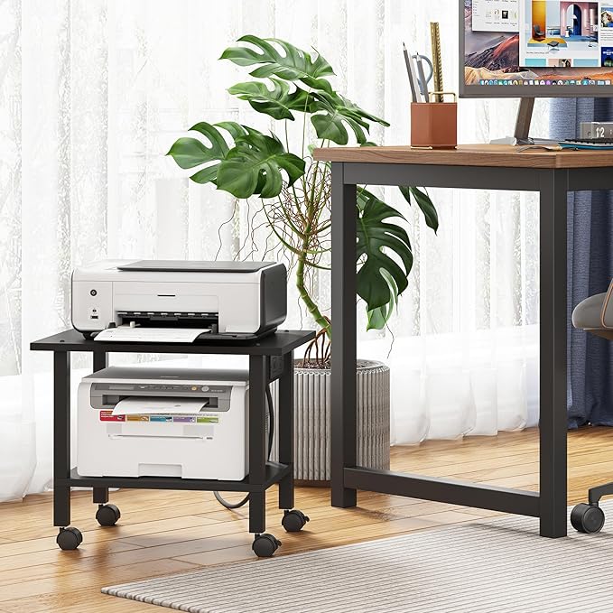TUTOTAK 2 Tier Printer Stand, Rolling Printer Cart with Power Outlets and USB Ports, Mobile Printer Table with Wheels, for Under Desk, Office, Home, Black PS01BK001P