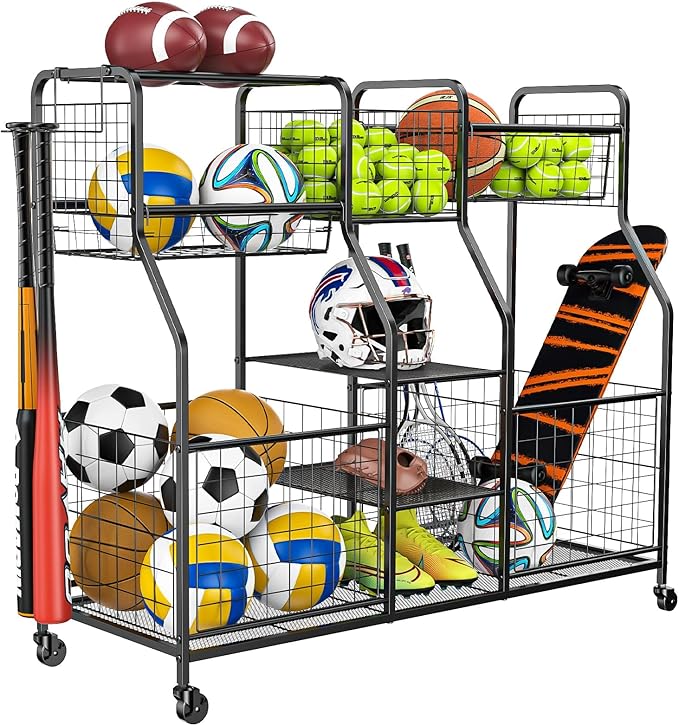 Garage Sports Equipment Organizer with Wheels - Ball Storage Rack with Elastic Rope or Wire Mesh,Garage Organizer System,Indoor/Outdoor Sports Rack for Sports Gear and Toys Storage,Black